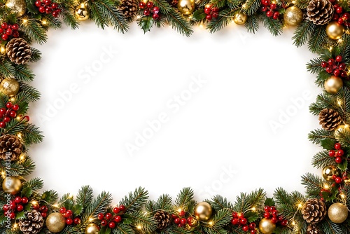 Traditional evergreen Christmas garland border with red berries and warm lights on white copy space