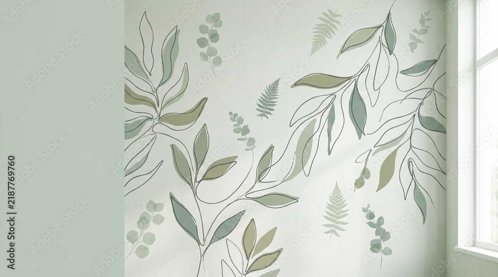 Fototapeta premium Botanical mural leaf illustration pastel color plant pattern interior wall