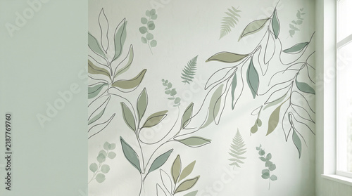 Botanical mural leaf illustration pastel color plant pattern interior wall