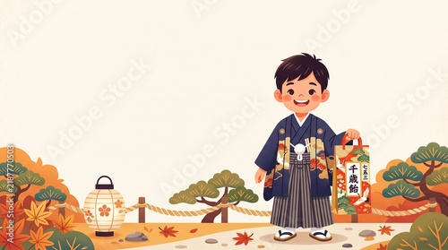 Plakat 羽織袴の男の子と千歳飴のほっこりイラスト（チラシ・ヘッダー用・上部余白）