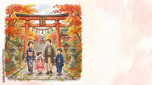 Obraz w ramie 神社の鳥居と家族の和風イラスト（新春・秋の行事バナー用・右側コピースペース）