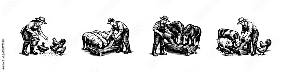 Obraz premium Farmers feeding livestock black and white vector illustration, farm animals, silhouette style