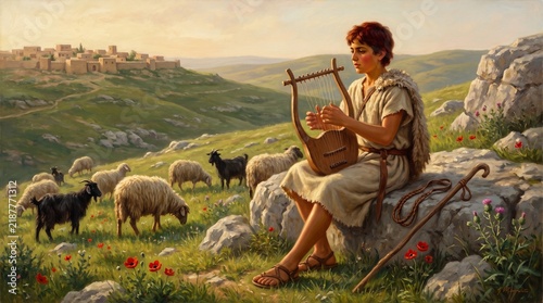 Young shepherd David plays the lyre on the spring hills of Judea, oil painting of the Old Testament story