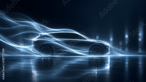 Futuristic Electric SUV Silhouette with Glowing Aerodynamic Wind Lines in Dark Studio Representing Speed and Innovative Automotive Technology