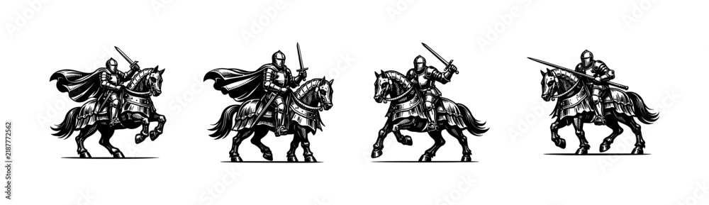 Obraz premium Medieval knights on horseback black and white silhouette vector illustration