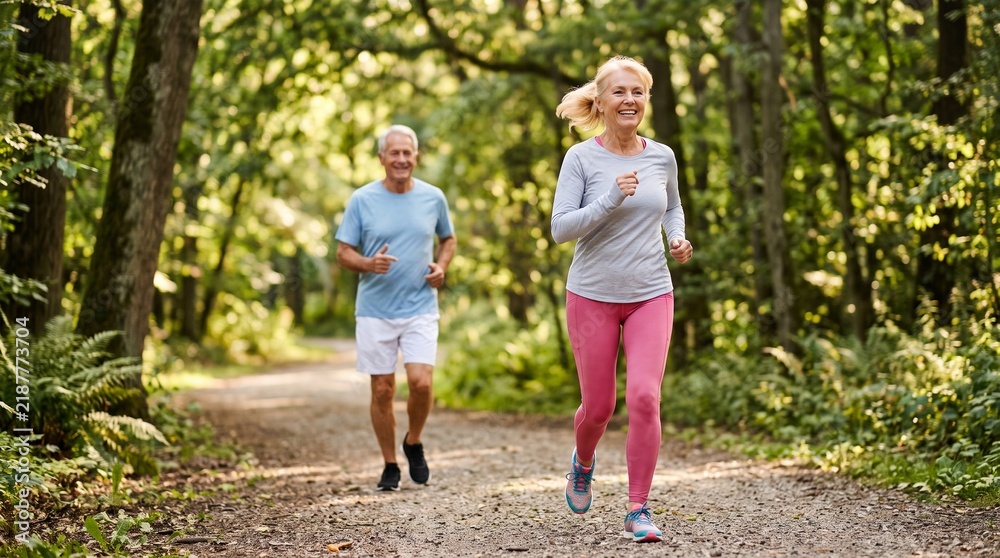 Fototapeta premium Mature couple jogging outdoors in a green forest path