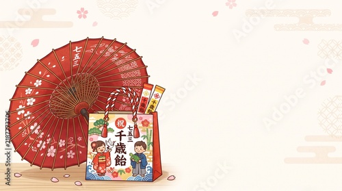Fototapeta kuchenna 和傘と千歳飴の七五三イラスト（イベント告知バナー向け・余白多め）
