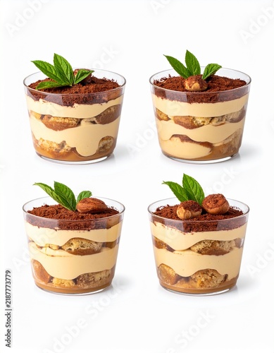 classic layered tiramisu dessert with cocoa powder in glasses