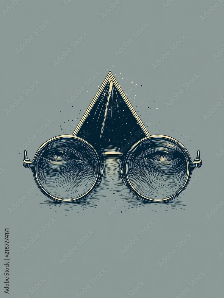 Obraz premium Mystical eyeglasses with hypnotic eye reflections beside enchanted pyramid emitting comet sparkles, witchcraft poster themes and magical editorial concepts