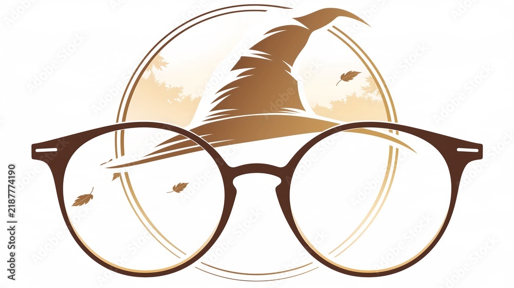 Obraz premium Round eyeglasses with wizard hat and floating autumn leaves, silhouette artwork for witchcraft fall poster themes and magical seasonal editorial designs