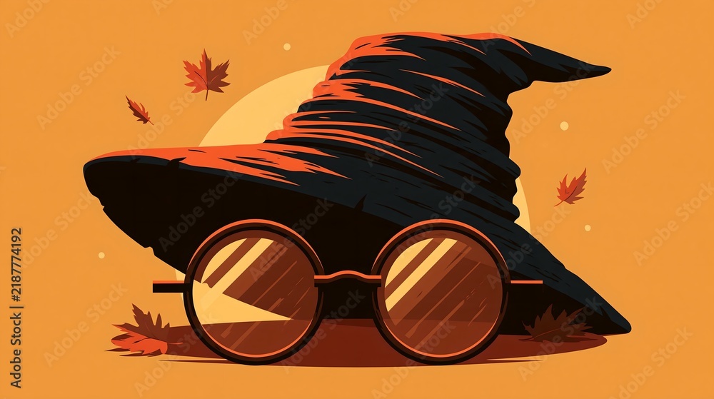 Obraz premium Stylized wizard hat with round eyeglasses and floating autumn leaves, vector halloween artwork, witchcraft poster designs and magic seasonal editorial concepts