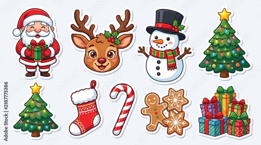 Fototapeta premium Christmas stickers set with Santa Claus, Christmas tree, snowman, reindeer, gift box, gingerbread man, snowflake, candy cane, and holiday decoration elements. Cute vector collection.