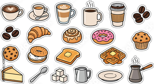 Breakfast and coffee objects collection with pastries, cereals, fruits, and drinks for cafe menu design.