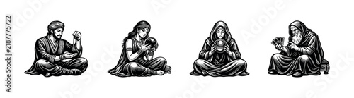 Vintage black and white fortune teller illustrations, silhouette style, mystic figures and tarot readers