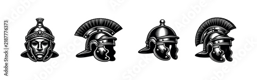 Bild auf Leinwand Roman and greek warrior helmets vector illustration, black and white silhouette