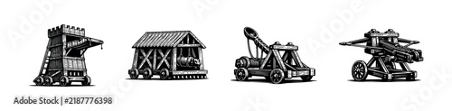 Fotografie Medieval siege weapon illustrations silhouette style vector collection