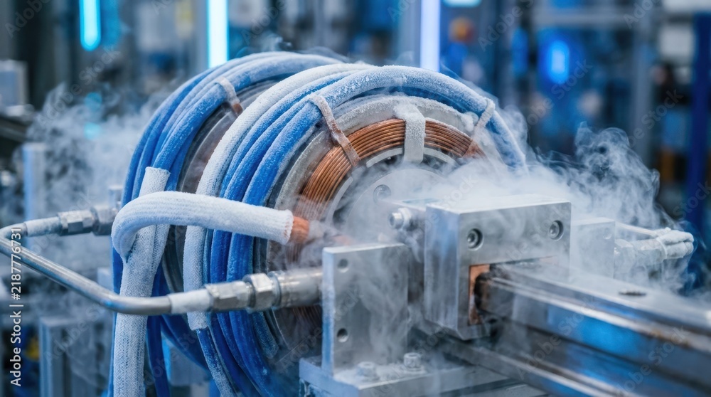 Fototapeta premium Superconducting transport components with chilled coils, maglev guideway hardware, copper windings, and cryogenic vapor