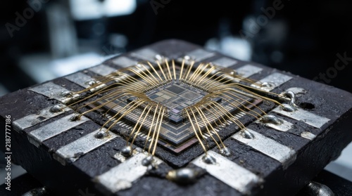 Semiconductor chip package under white inspection light with bond wires, epoxy edges, and metallic pads