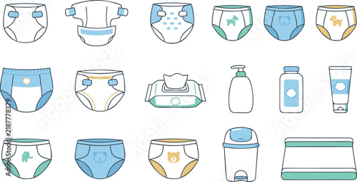 Baby Diaper and Hygiene Care Products Vector Icon Set Featuring Nappies Wet Wipes Lotion Powder Cream and Disposal Bin for Parenting Blogs and Newborn Designs