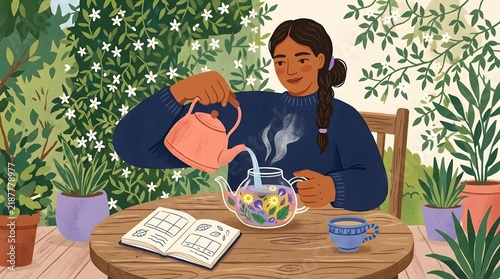 Young woman pouring hot water into glass teapot with fresh herbal infusion on garden patio table