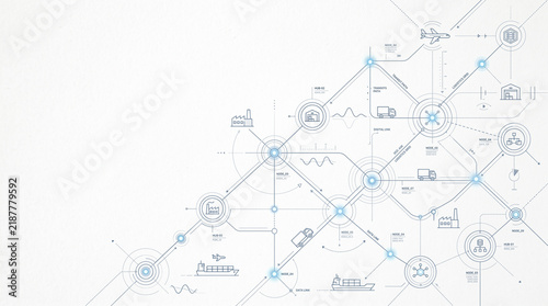 Supply chain network diagram with connected transport, warehouse, factory, cargo ship, aircraft, and logistics nodes on white background