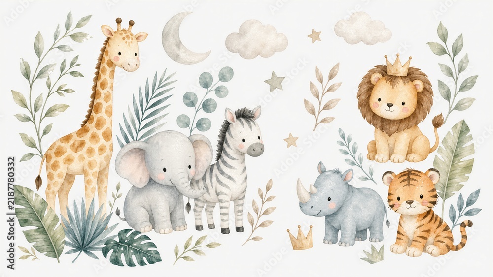 Obraz premium Watercolor jungle animals set featuring a giraffe, elephant, zebra, lion, tiger, and rhinoceros with soft clouds, moon, stars, and green foliage for nursery decor.