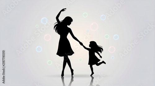 Mother and her young daughter dance together amidst floating colorful bubbles in this silhouette illustration.