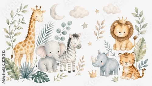 Watercolor jungle animals set featuring a giraffe, elephant, zebra, lion, tiger, and rhinoceros with soft clouds, moon, stars, and green foliage for nursery decor.