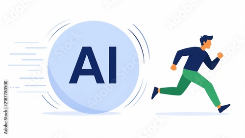Illustration of a person fleeing from a massive ball with the letters AI to represent the rapid advancement of technology.