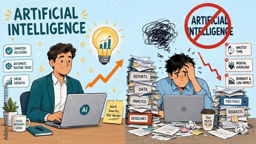 Illustration comparing a productive worker using artificial intelligence to an overwhelmed employee struggling with manual tasks and paperwork.