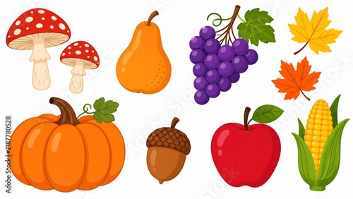 Collection of autumn harvest illustrations featuring pumpkin, apple, grapes, corn, mushrooms, and colorful fall leaves on a white background.