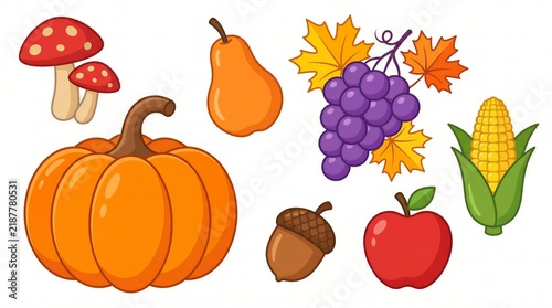 Collection of colorful autumn harvest illustrations including a pumpkin, mushrooms, pear, grapes, corn, apple, and an acorn on a white background.