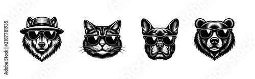 Cool animal vector illustrations of bear, bulldog, cat, and wolf with sunglasses in black and white silhouette