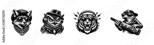 Cool animal vector illustrations featuring owl tiger frog fox in black and white silhouette