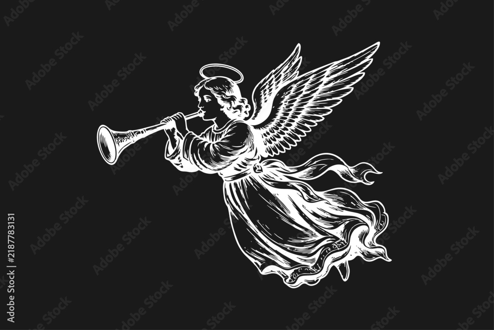 Fototapeta premium Vintage Engraving of an Angel Blowing a Trumpet with Wings and Halo, Classic Woodcut Style Illustration