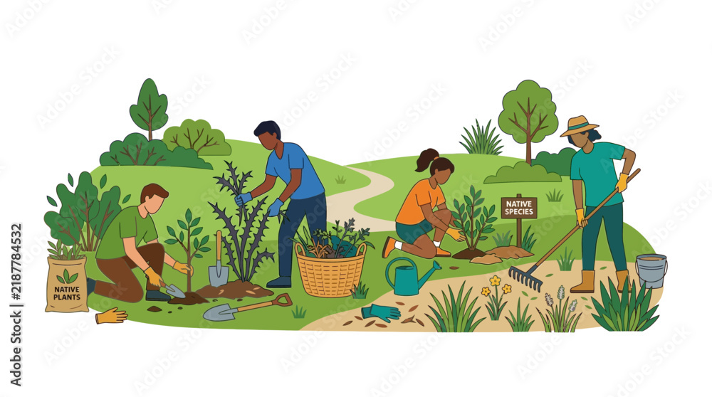 Fototapeta premium People planting native trees and shrubs outdoors