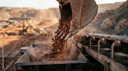 Excavator bucket tipping rust-red ore into a crusher hopper at a mining site, with chipped steel teeth, dust, and conveyor rollers.