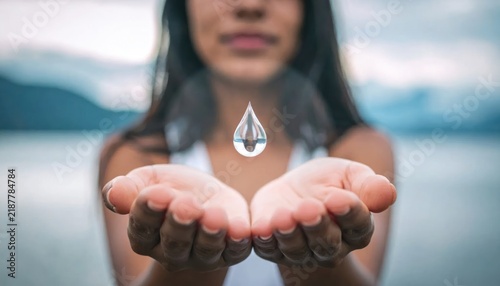 Woman holding water drop peacefully outdoors.