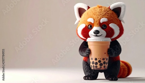 Red panda holding boba tea cup.