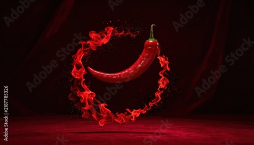 Spicy red chili pepper on fire.