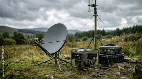 Portable satellite dish beside a field generator, antenna mast, and sensor cases under a cloudy sky