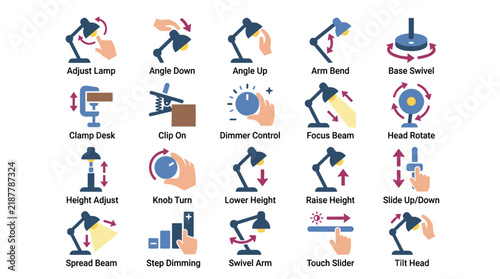 Vector Flat Icon Set of Desk Lamp Adjustment Controls and Lighting Features