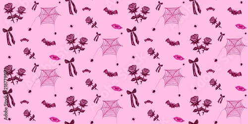 Hand-drawn pink gothic Halloween seamless pattern with bats, roses, bows, vampire lips, spiders and webs on pink pastel background