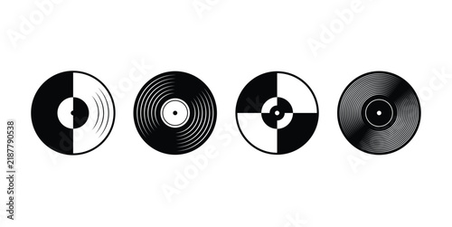 Stylized black and white vinyl record icons set