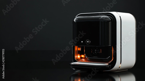 Modern box shaped smart appliance with glowing orange interior light on dark surface modern design black and white electronic device tech hardware