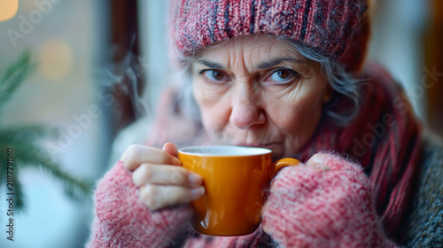Serious older woman holding a steaming hot beverage in winter attire with winter hat hot drink winter season cold weather knitted accessories