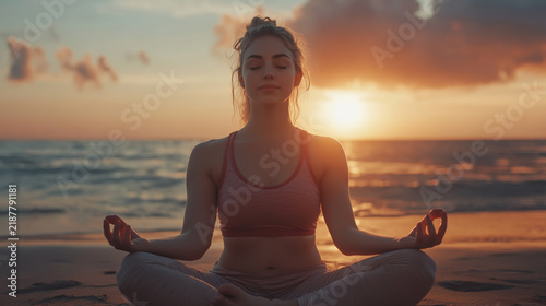 Woman practicing yoga in lotus position on the beach during golden sunset with lotus pose young woman golden hour yoga practice active lifestyle