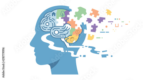 Human head silhouette with brain puzzle and gears