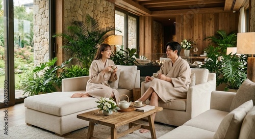 young couple relaxing in luxury wellness spa lounge