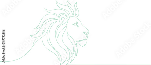 Continuous line of a lion head in profile, green outline on a white background, animal portrait, wildlife